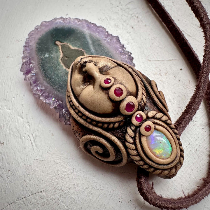 Amethyst Stalactite Australian Opal and Ruby Goddess Necklace - FairyGardenGlow