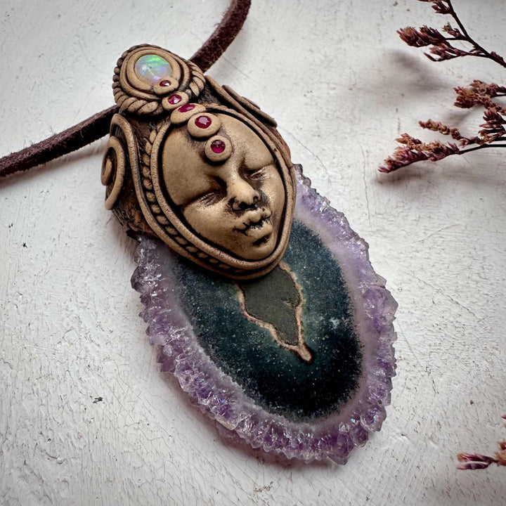 Amethyst Stalactite Australian Opal and Ruby Goddess Necklace - FairyGardenGlow