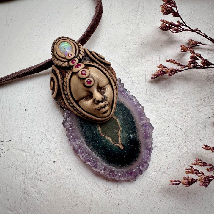 Amethyst Stalactite Australian Opal and Ruby Goddess Necklace - FairyGardenGlow