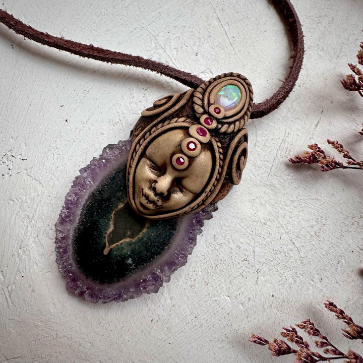 Amethyst Stalactite Australian Opal and Ruby Goddess Necklace - FairyGardenGlow