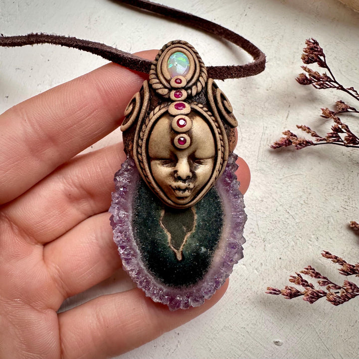 Amethyst Stalactite Australian Opal and Ruby Goddess Necklace - FairyGardenGlow
