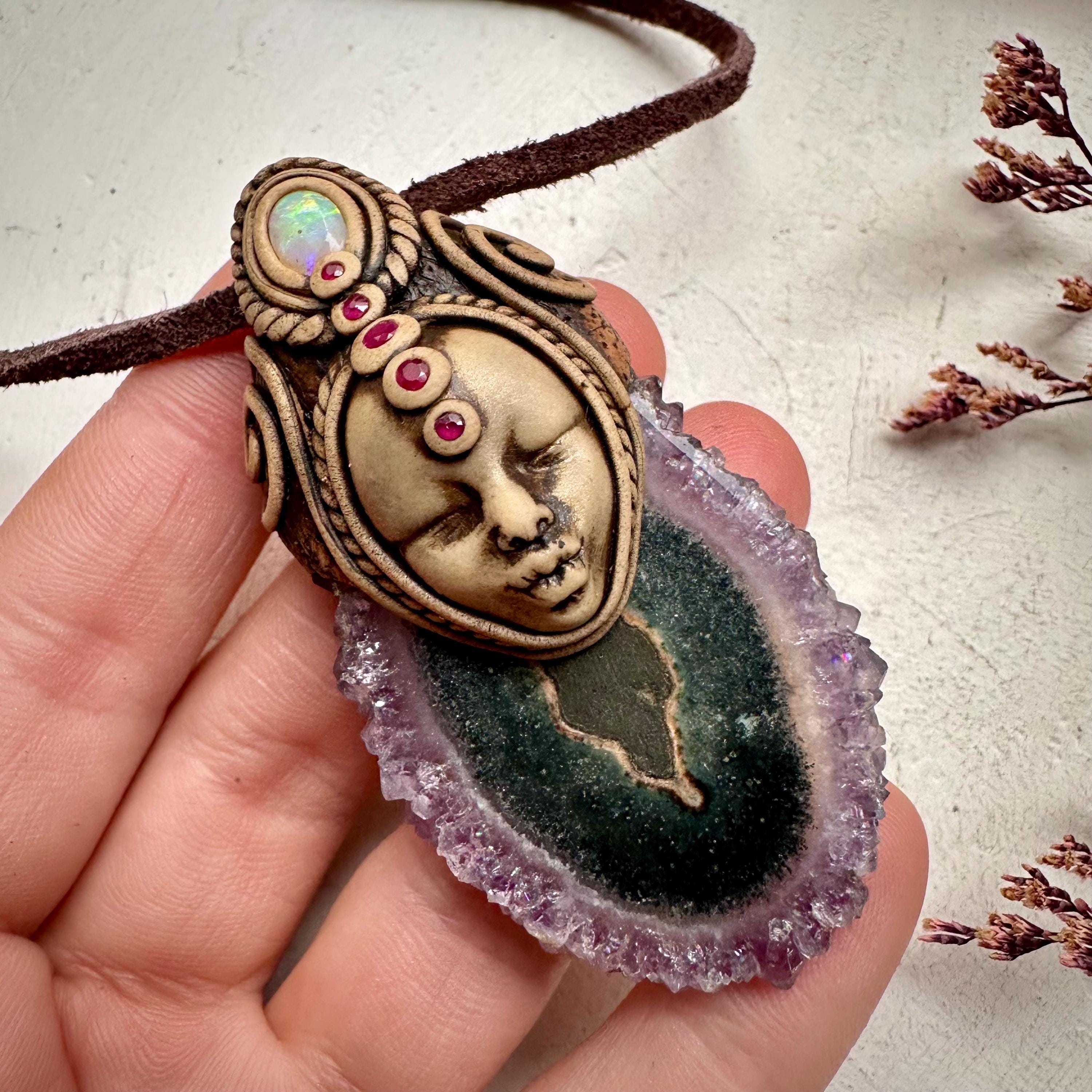 Amethyst Stalactite Australian Opal and Ruby Goddess Necklace - FairyGardenGlow