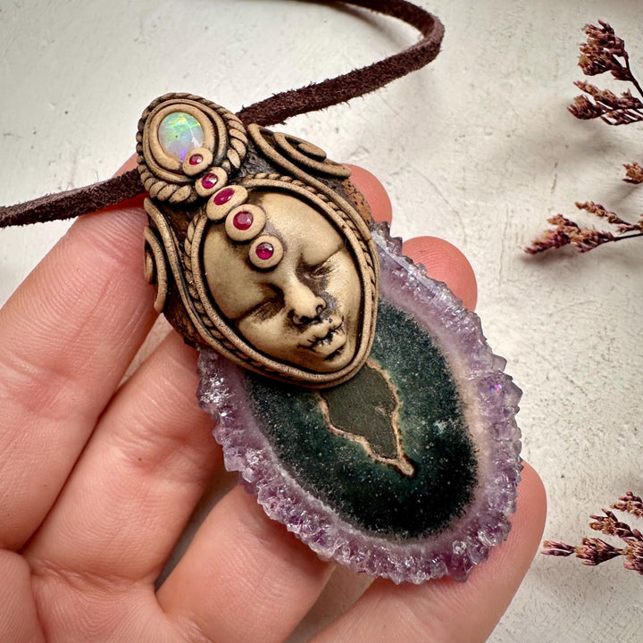 Amethyst Stalactite Australian Opal and Ruby Goddess Necklace - FairyGardenGlow