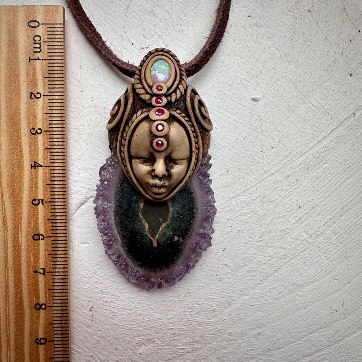 Amethyst Stalactite Australian Opal and Ruby Goddess Necklace - FairyGardenGlow