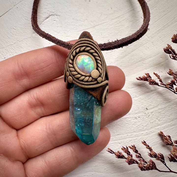 Aqua Aura Quartz and Australian Opal Necklace - FairyGardenGlow
