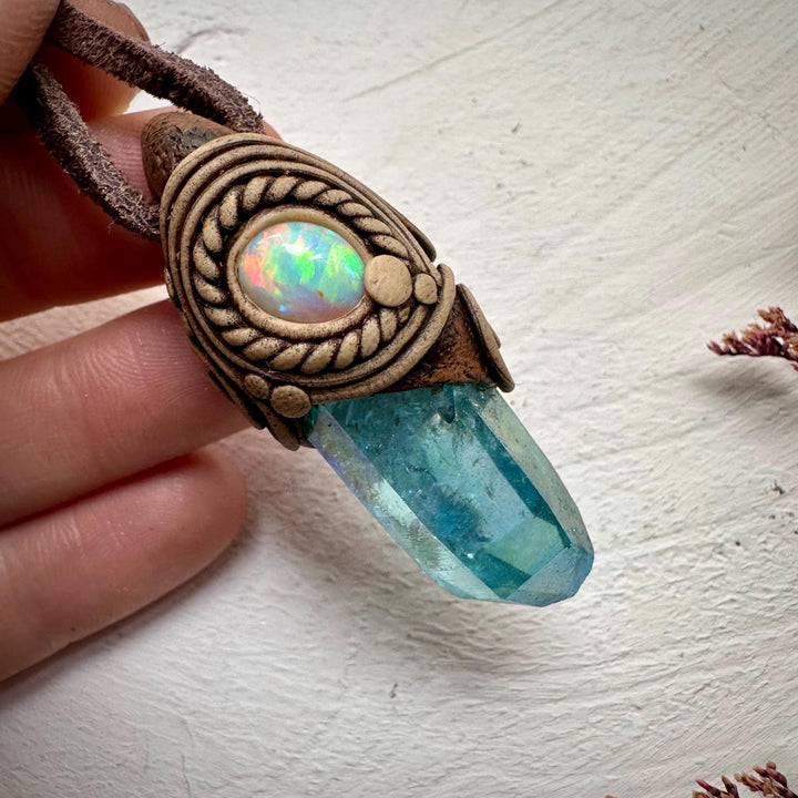 Aqua Aura Quartz and Australian Opal Necklace - FairyGardenGlow