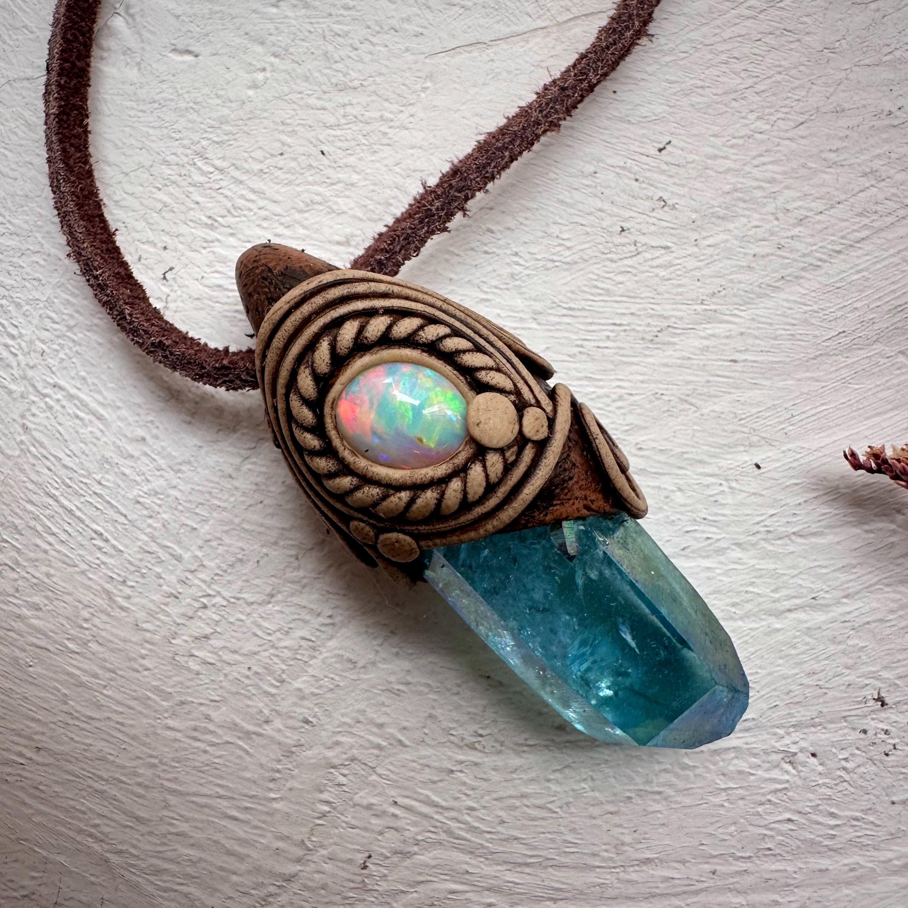 Aqua Aura Quartz and Australian Opal Necklace - FairyGardenGlow