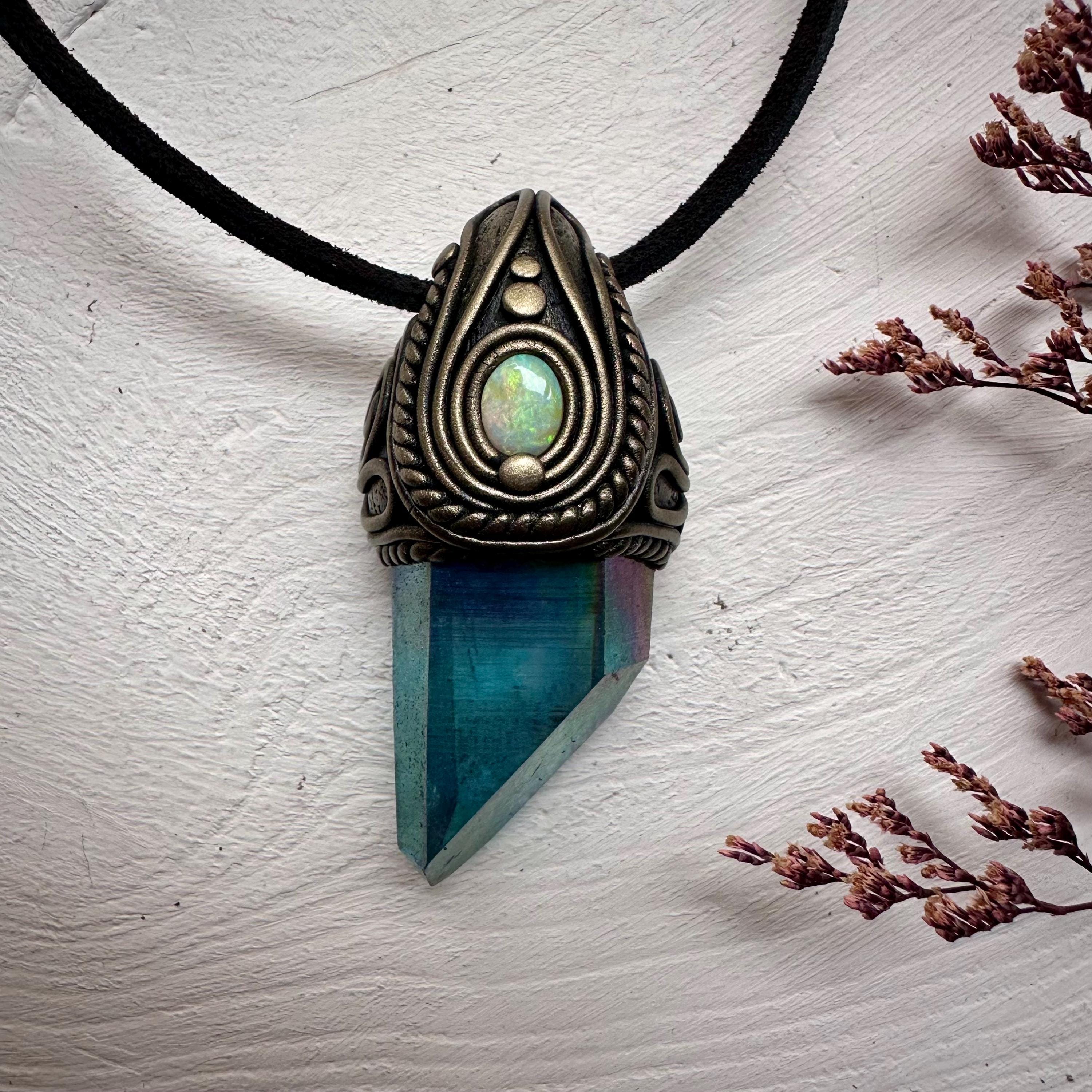 Aqua Aura Quartz and Australian Opal Necklace - FairyGardenGlow