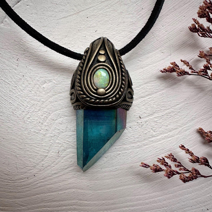 Aqua Aura Quartz and Australian Opal Necklace - FairyGardenGlow