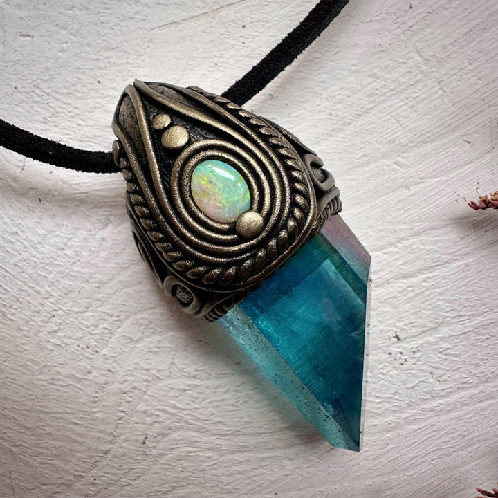 Aqua Aura Quartz and Australian Opal Necklace - FairyGardenGlow