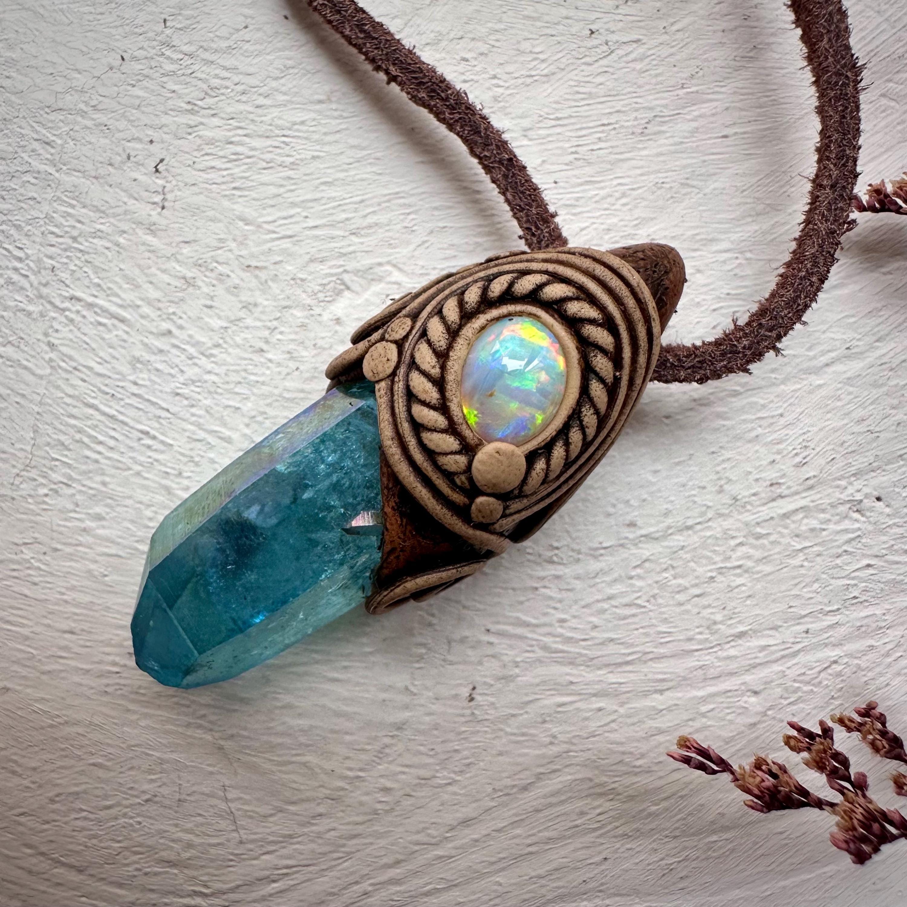 Aqua Aura Quartz and Australian Opal Necklace - FairyGardenGlow