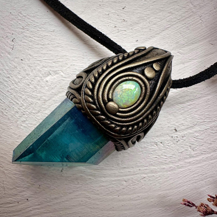 Aqua Aura Quartz and Australian Opal Necklace - FairyGardenGlow