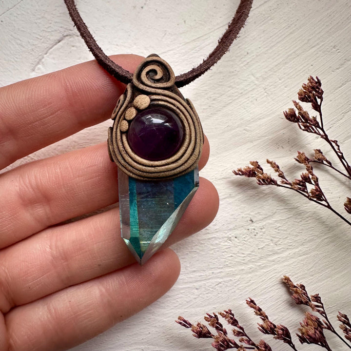 Amethyst and Aqua Aura Quartz Necklace - FairyGardenGlow