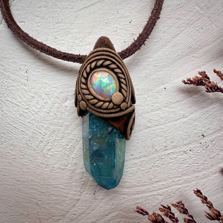 Aqua Aura Quartz and Australian Opal Necklace - FairyGardenGlow