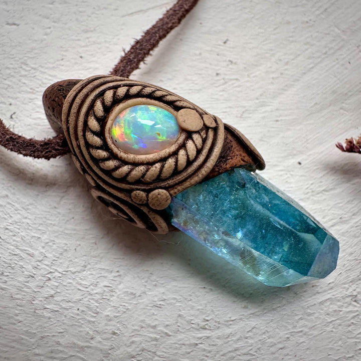 Aqua Aura Quartz and Australian Opal Necklace - FairyGardenGlow