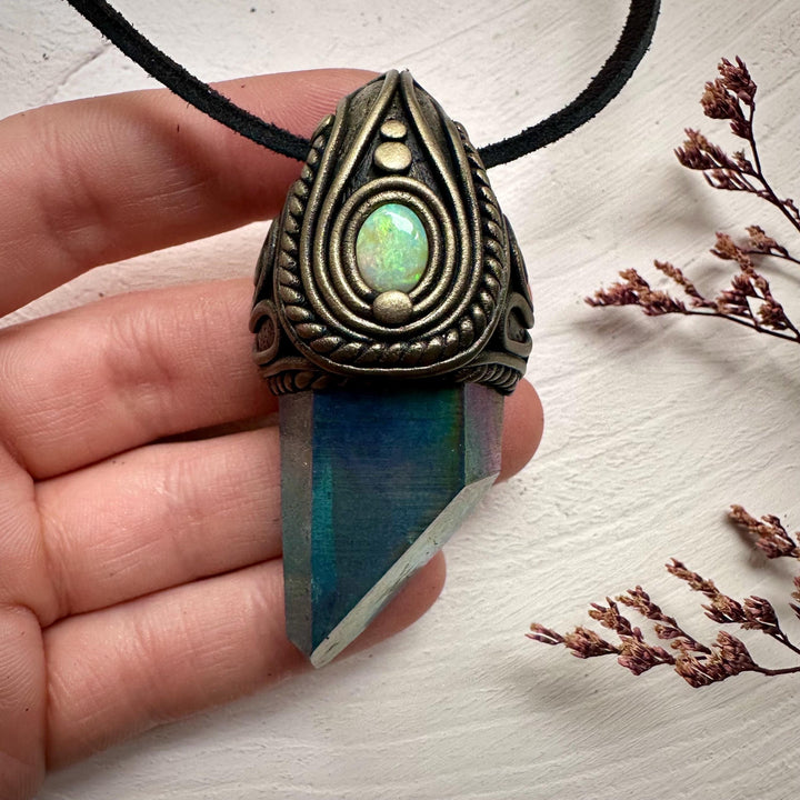 Aqua Aura Quartz and Australian Opal Necklace - FairyGardenGlow