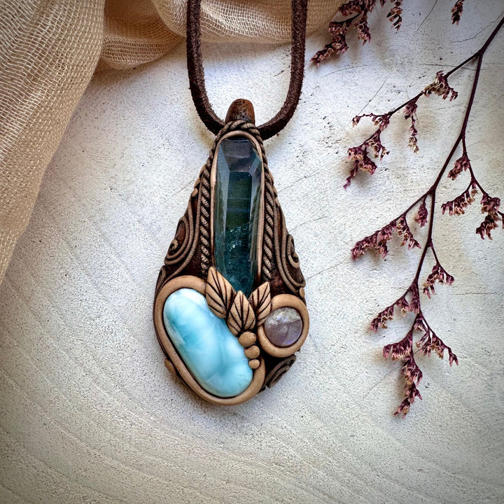 Aqua Aura Quartz Larimar and Moonstone Necklace - FairyGardenGlow