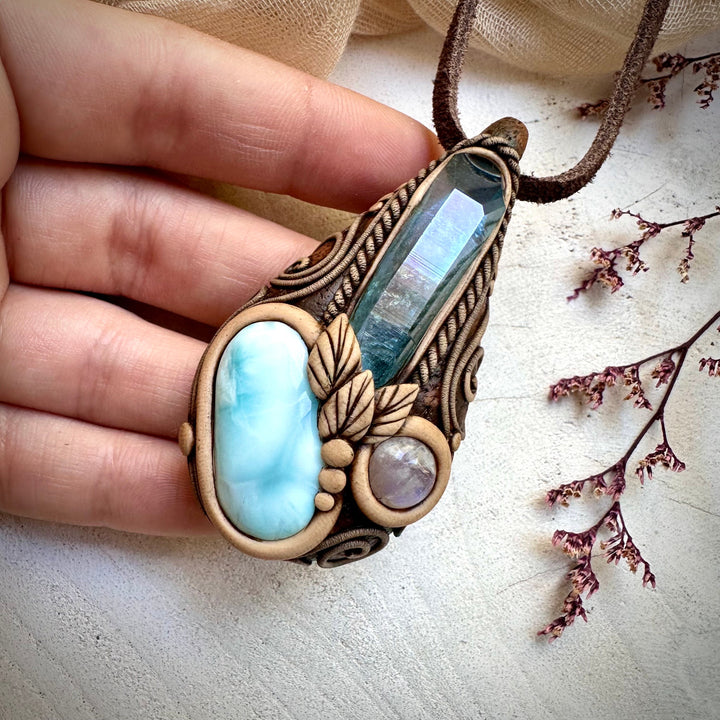 Aqua Aura Quartz Larimar and Moonstone Necklace - FairyGardenGlow