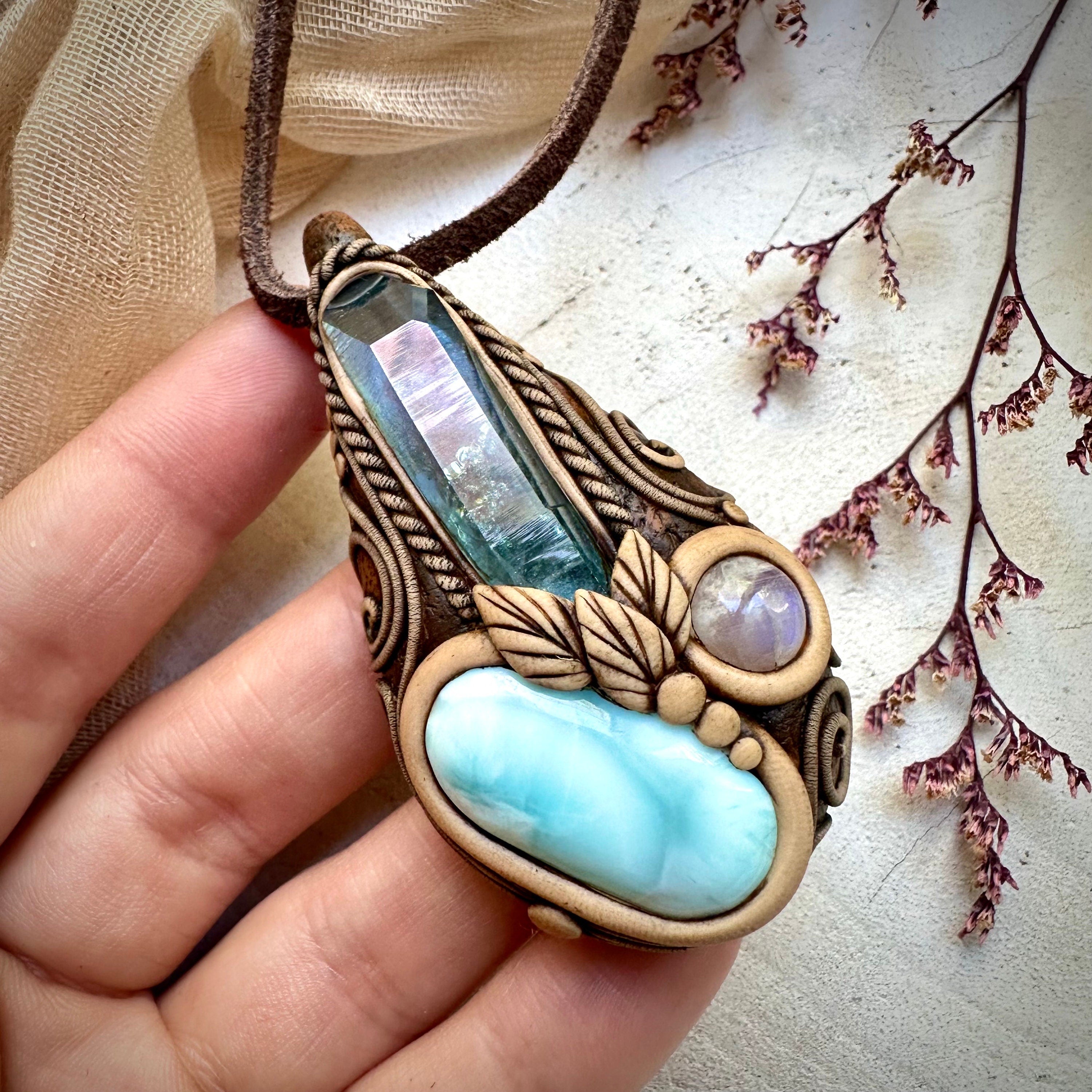 Aqua Aura Quartz Larimar and Moonstone Necklace - FairyGardenGlow