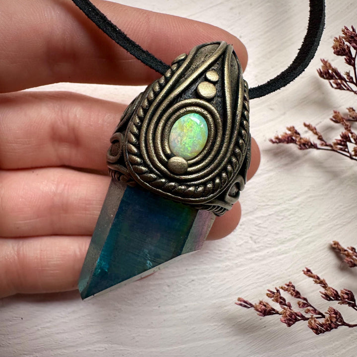 Aqua Aura Quartz and Australian Opal Necklace - FairyGardenGlow