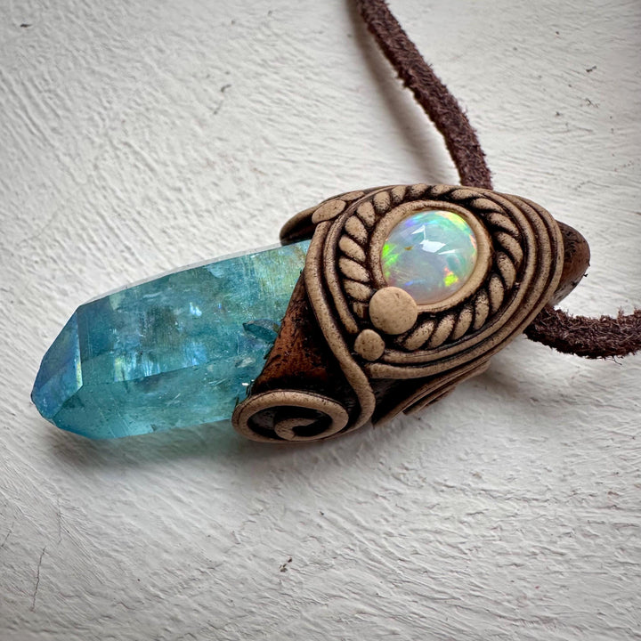 Aqua Aura Quartz and Australian Opal Necklace - FairyGardenGlow