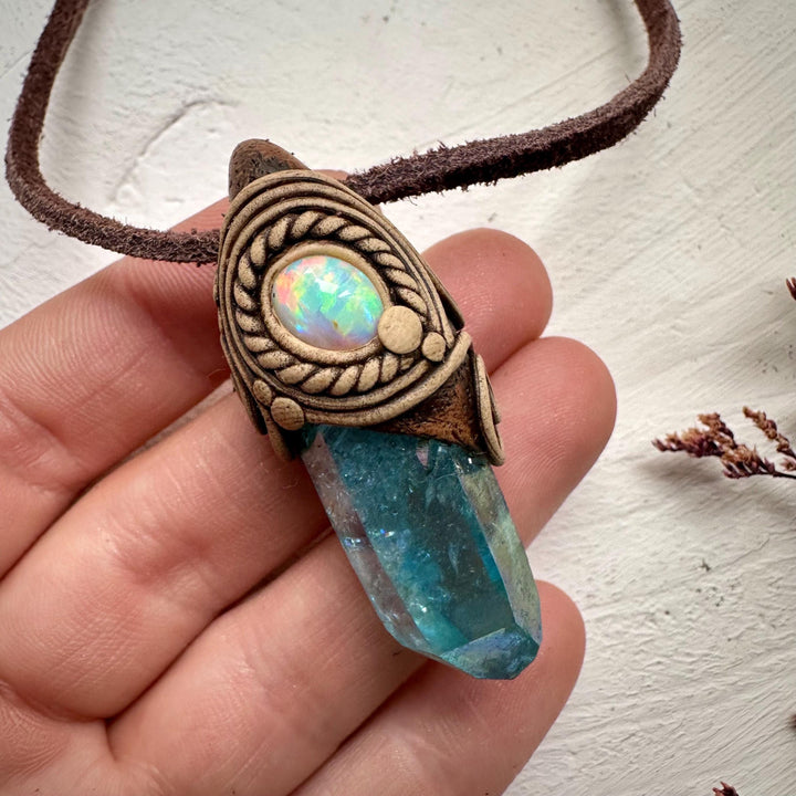 Aqua Aura Quartz and Australian Opal Necklace - FairyGardenGlow