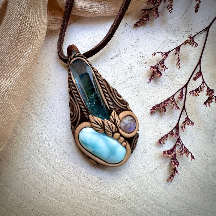 Aqua Aura Quartz Larimar and Moonstone Necklace - FairyGardenGlow