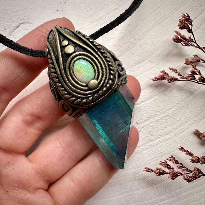 Aqua Aura Quartz and Australian Opal Necklace - FairyGardenGlow