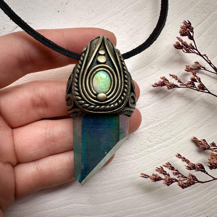 Aqua Aura Quartz and Australian Opal Necklace - FairyGardenGlow