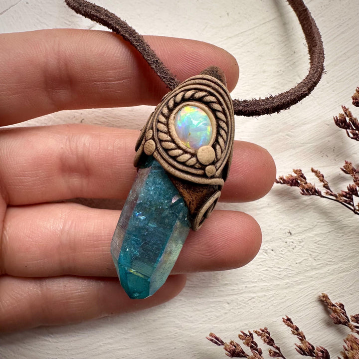 Aqua Aura Quartz and Australian Opal Necklace - FairyGardenGlow