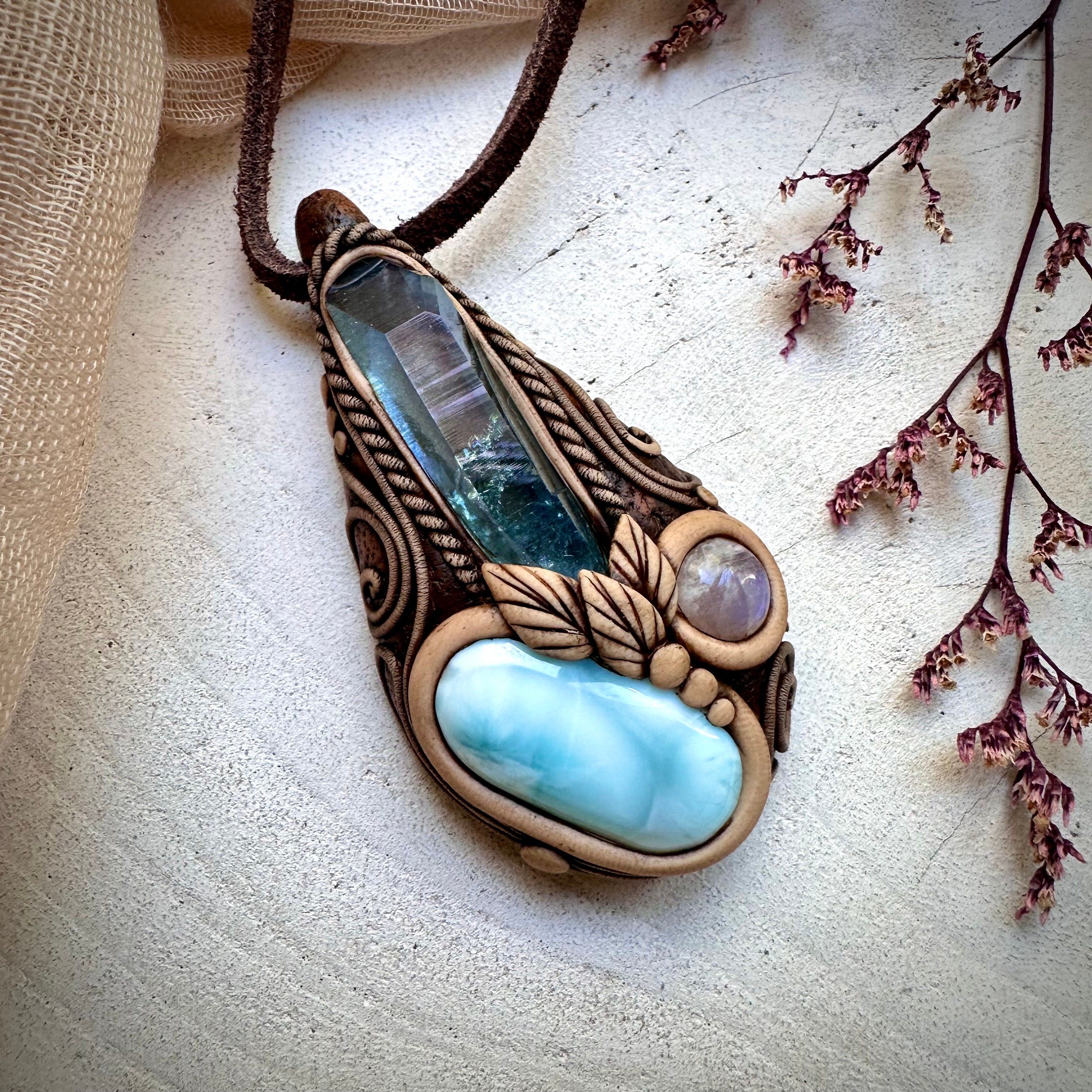 Aqua Aura Quartz Larimar and Moonstone Necklace - FairyGardenGlow