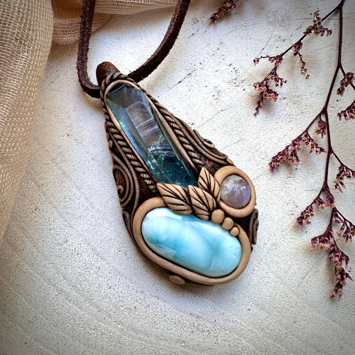 Aqua Aura Quartz Larimar and Moonstone Necklace - FairyGardenGlow