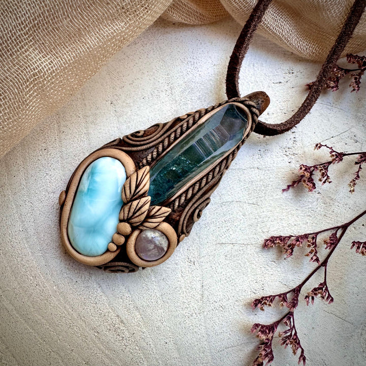 Aqua Aura Quartz Larimar and Moonstone Necklace - FairyGardenGlow