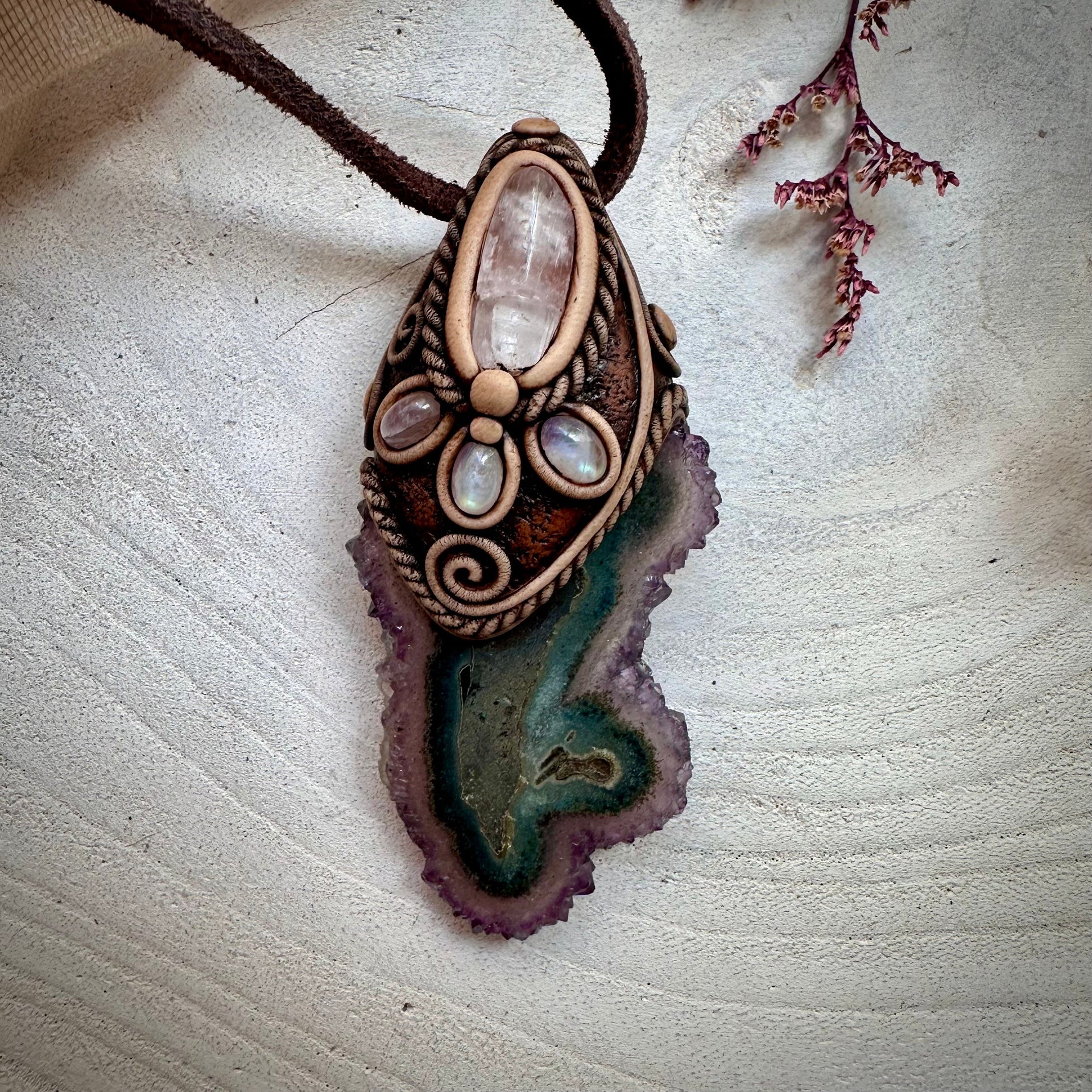 Amethyst Stalactite with Kunzite and Moonstone Necklace - FairyGardenGlow