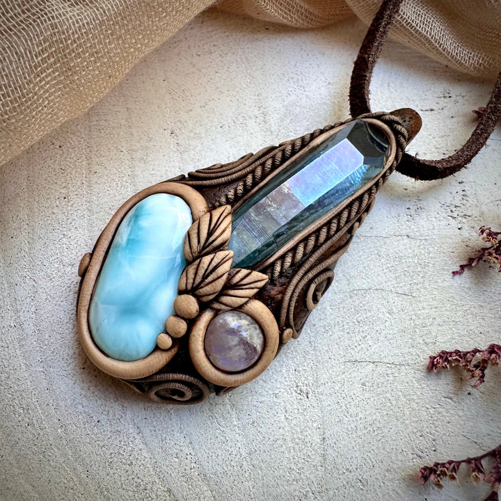 Aqua Aura Quartz Larimar and Moonstone Necklace - FairyGardenGlow
