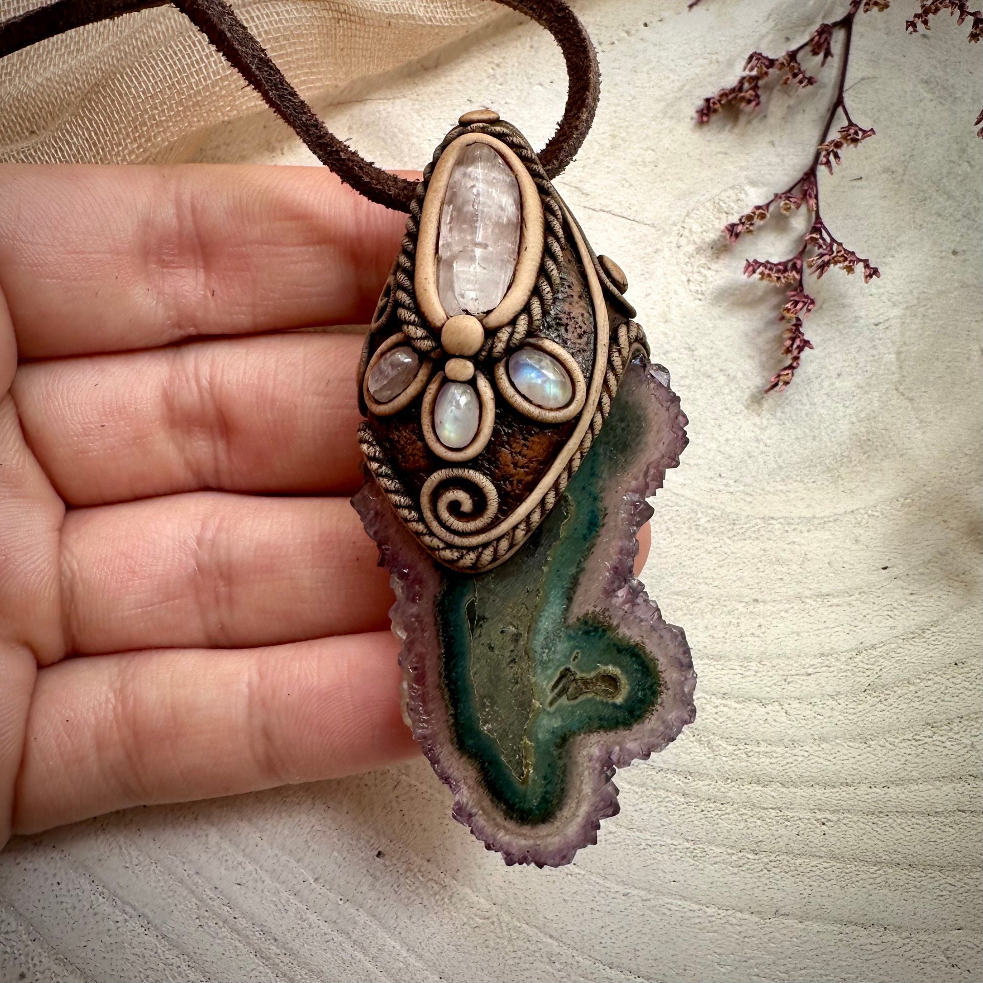 Amethyst Stalactite with Kunzite and Moonstone Necklace - FairyGardenGlow