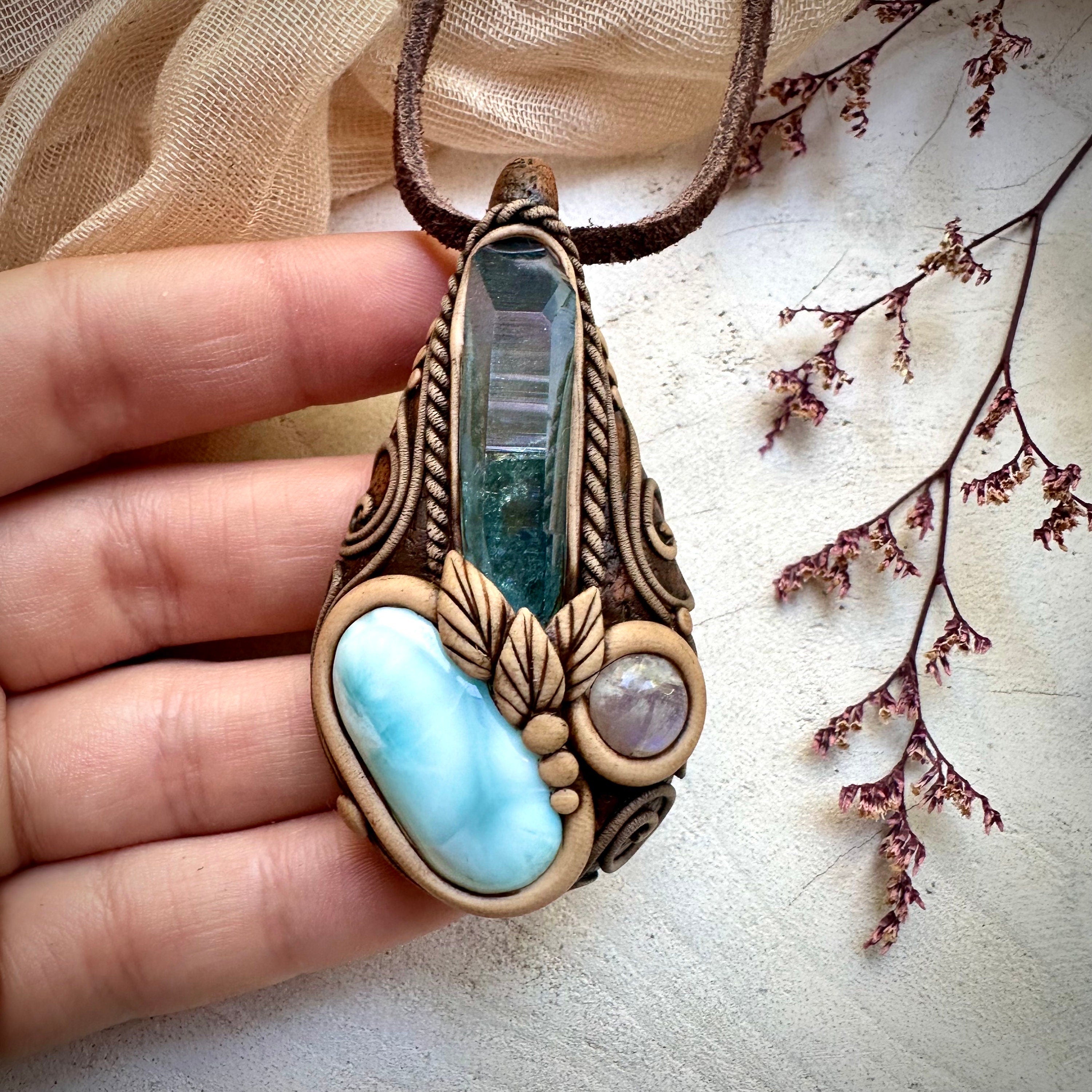Aqua Aura Quartz Larimar and Moonstone Necklace - FairyGardenGlow