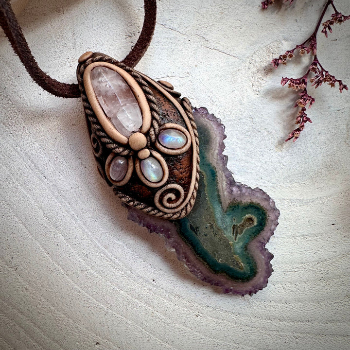 Amethyst Stalactite with Kunzite and Moonstone Necklace - FairyGardenGlow