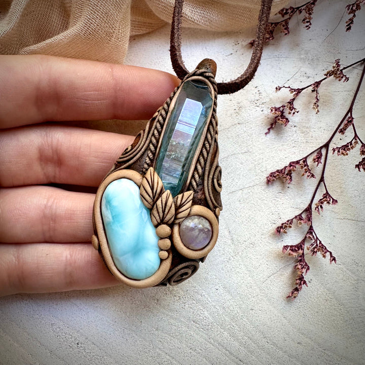 Aqua Aura Quartz Larimar and Moonstone Necklace - FairyGardenGlow