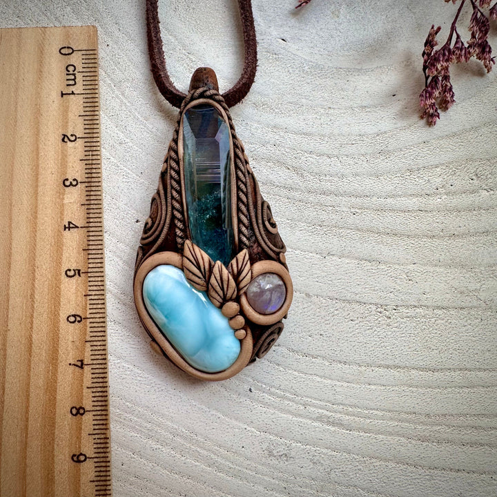 Aqua Aura Quartz Larimar and Moonstone Necklace - FairyGardenGlow