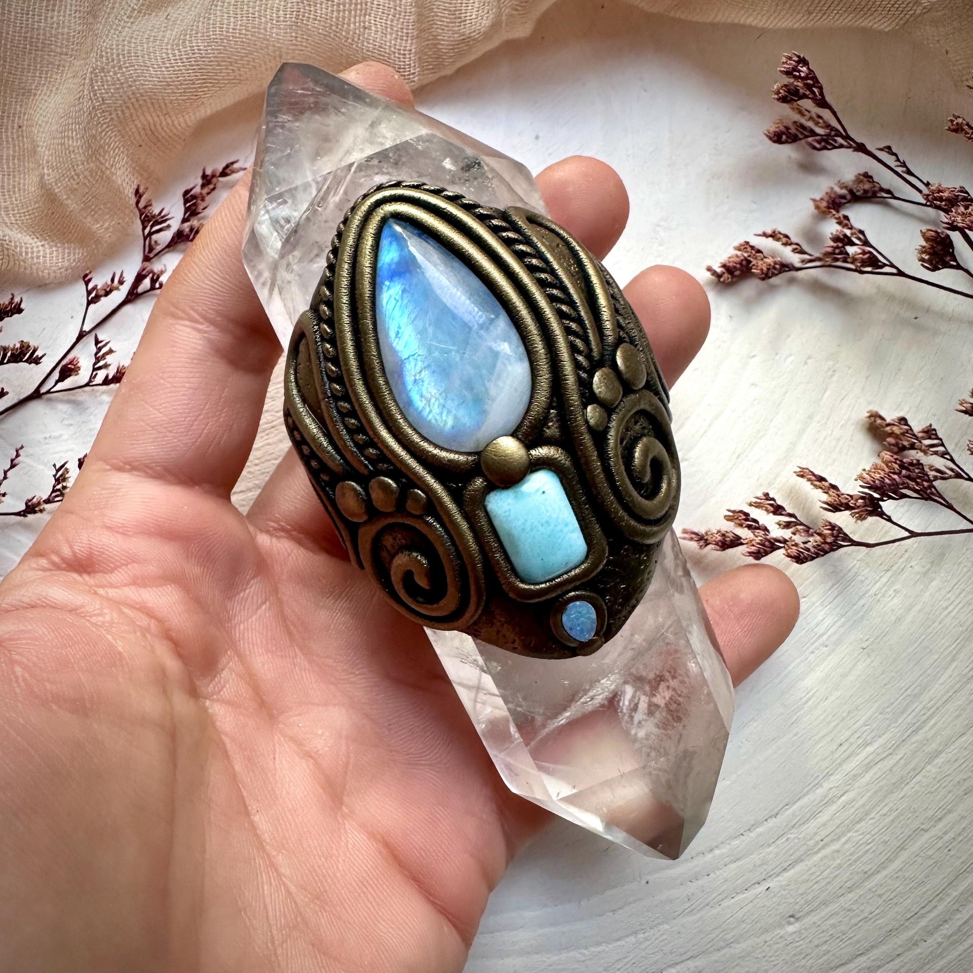 Double Terminated Clear Quartz with Rainbow Moonstone Larimar and Australian Opal Wand - FairyGardenGlow