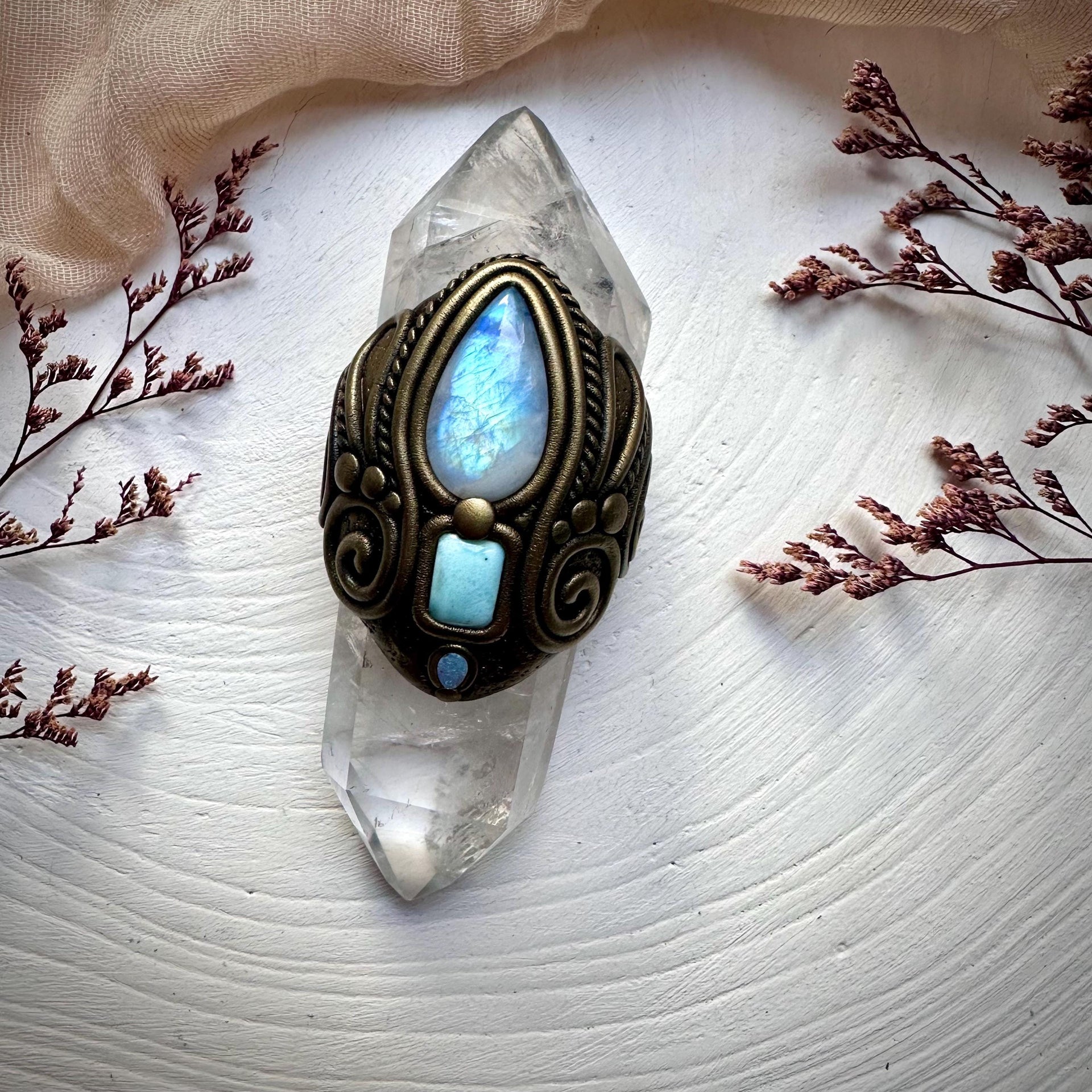 Double Terminated Clear Quartz with Rainbow Moonstone Larimar and Australian Opal Wand - FairyGardenGlow