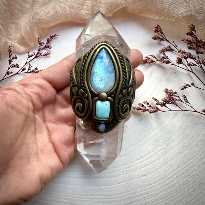 Double Terminated Clear Quartz with Rainbow Moonstone Larimar and Australian Opal Wand - FairyGardenGlow