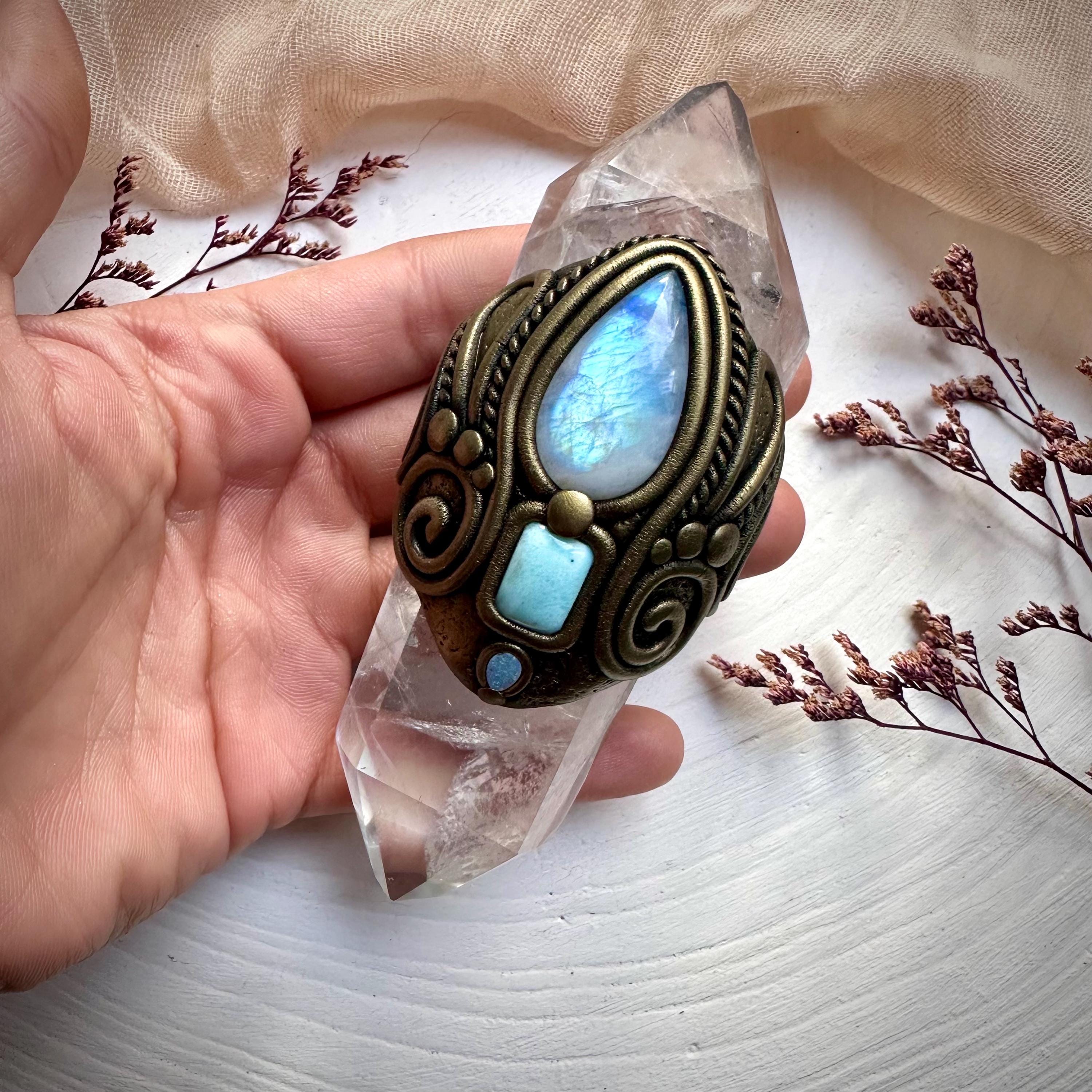 Double Terminated Clear Quartz with Rainbow Moonstone Larimar and Australian Opal Wand - FairyGardenGlow