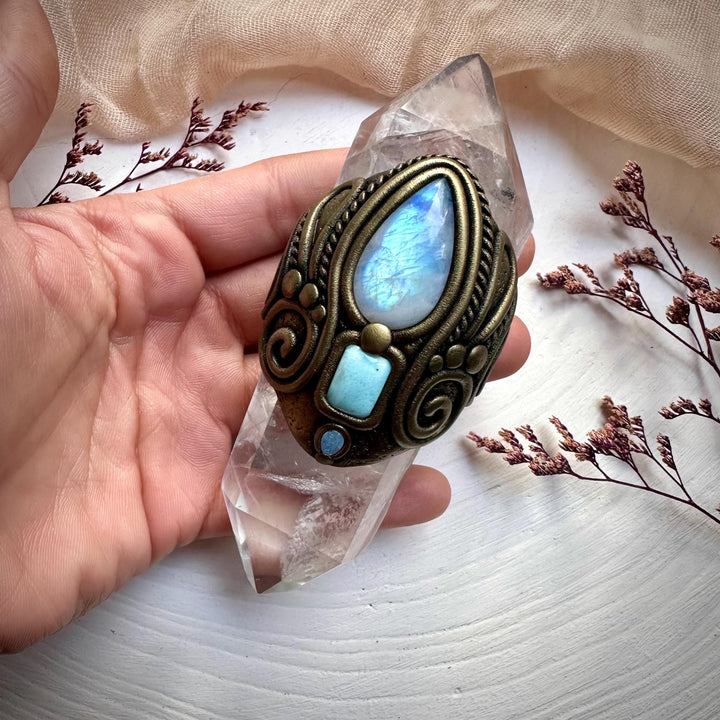 Double Terminated Clear Quartz with Rainbow Moonstone Larimar and Australian Opal Wand - FairyGardenGlow