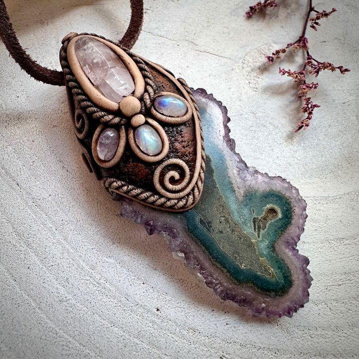 Amethyst Stalactite with Kunzite and Moonstone Necklace - FairyGardenGlow