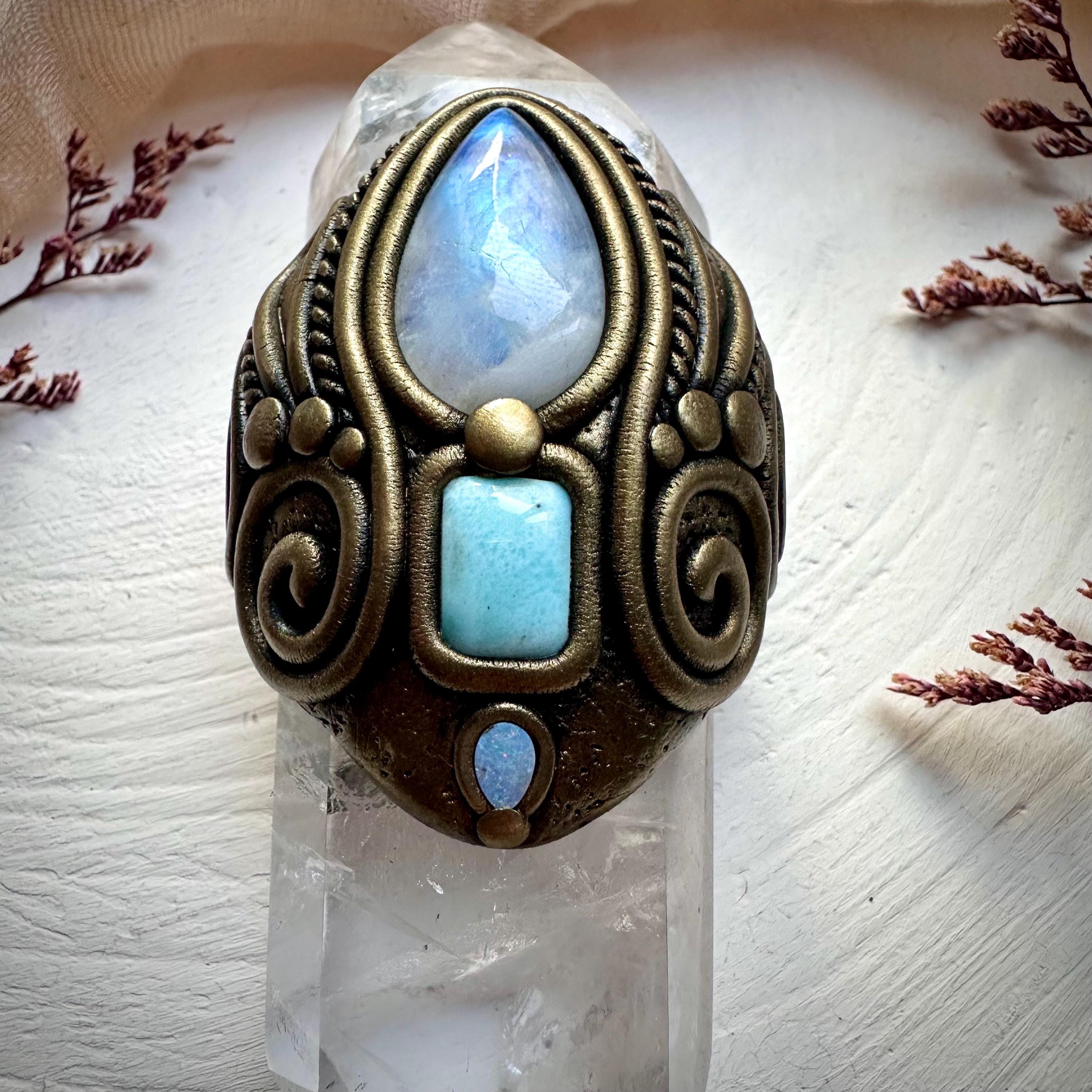 Double Terminated Clear Quartz with Rainbow Moonstone Larimar and Australian Opal Wand - FairyGardenGlow