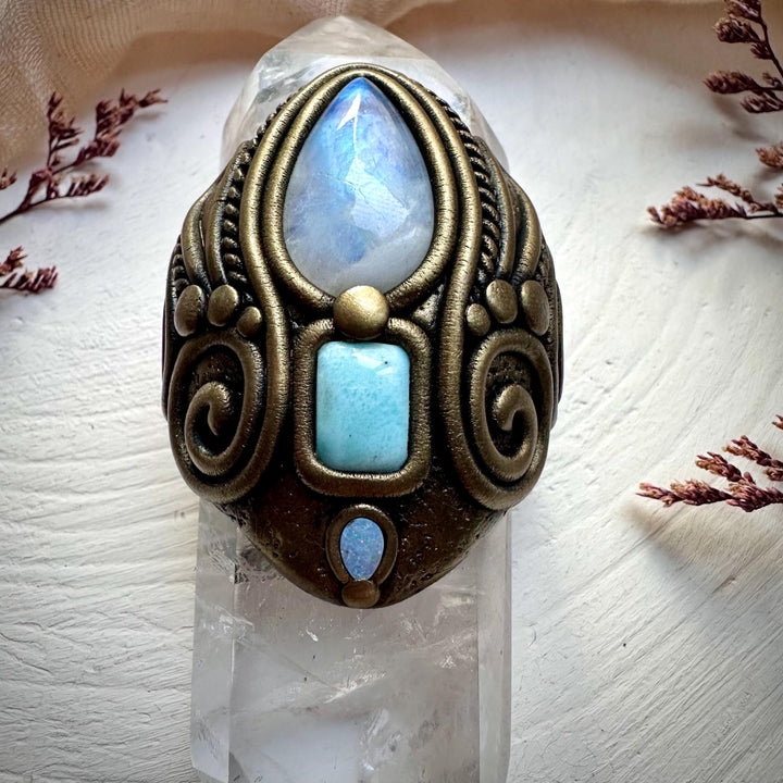 Double Terminated Clear Quartz with Rainbow Moonstone Larimar and Australian Opal Wand - FairyGardenGlow