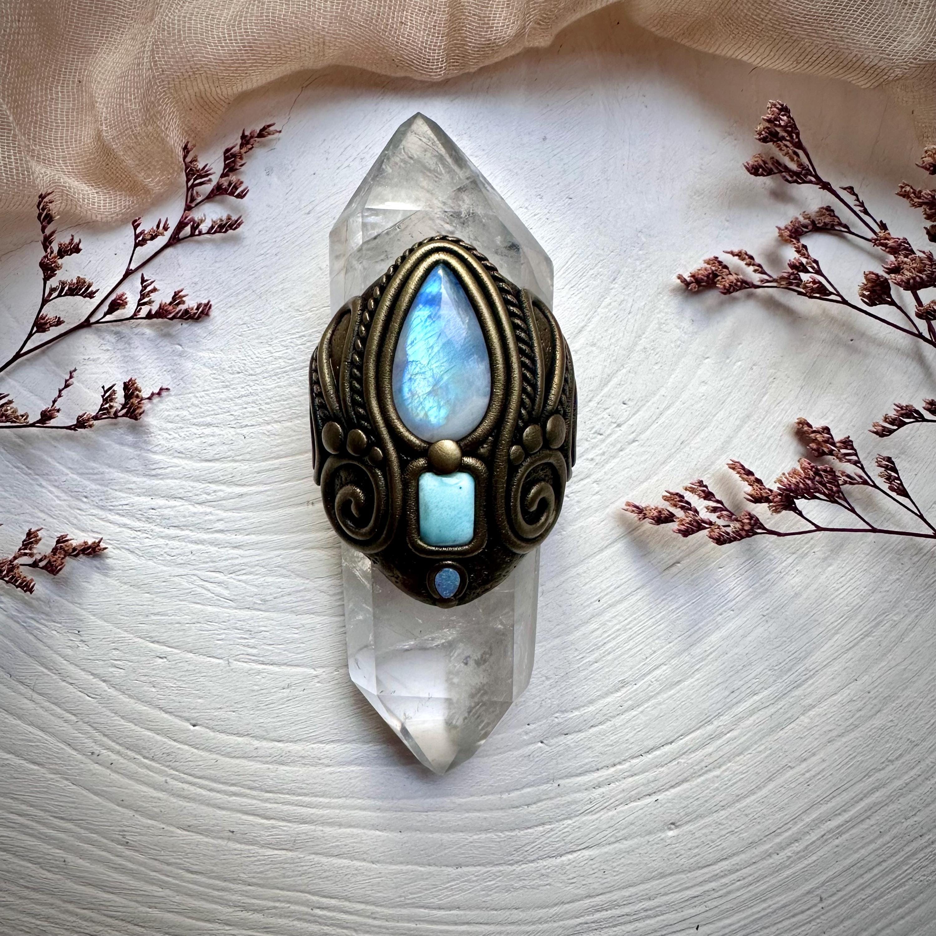 Double Terminated Clear Quartz with Rainbow Moonstone Larimar and Australian Opal Wand - FairyGardenGlow
