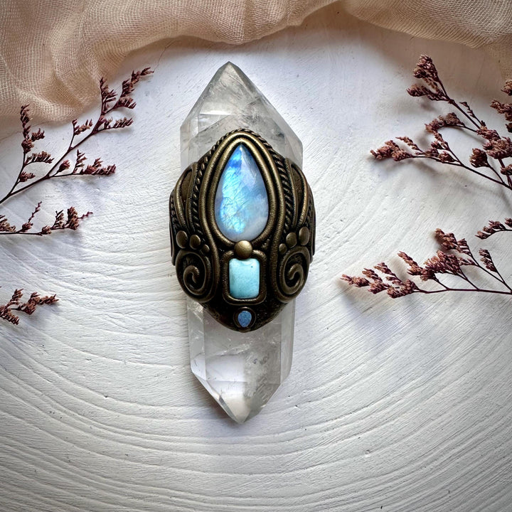 Double Terminated Clear Quartz with Rainbow Moonstone Larimar and Australian Opal Wand - FairyGardenGlow